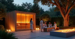 Sauna ao ar livre iluminada durante evento de bem-estar noturno