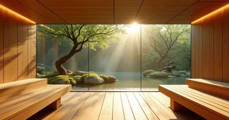 Interior de sauna panorâmica com vista para jardim zen verdejante