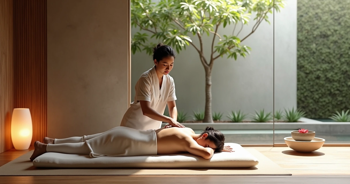 Terapeuta aplicando shiatsu em cliente deitada em spa urbano sofisticado