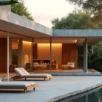 Fachada de spa com arquitetura modernista e paredes de vidro ao entardecer
