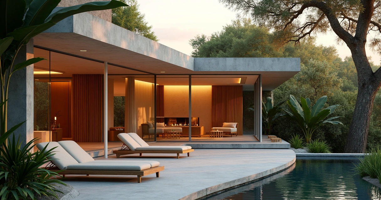 Fachada de spa com arquitetura modernista e paredes de vidro ao entardecer