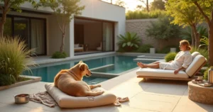 Cachorro relaxando em espreguiçadeira ao lado da tutora em área de spa com jardim