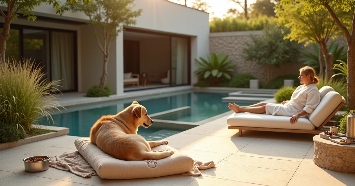 Cachorro relaxando em espreguiçadeira ao lado da tutora em área de spa com jardim