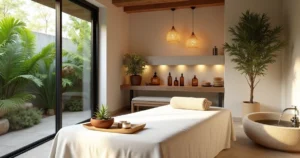 Sala de spa de luxo com elementos sustentáveis e luz natural suave