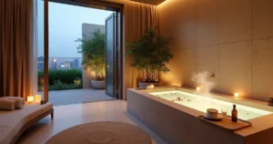 Suíte spa com banheira de imersão e vista para jardim interno em cidade