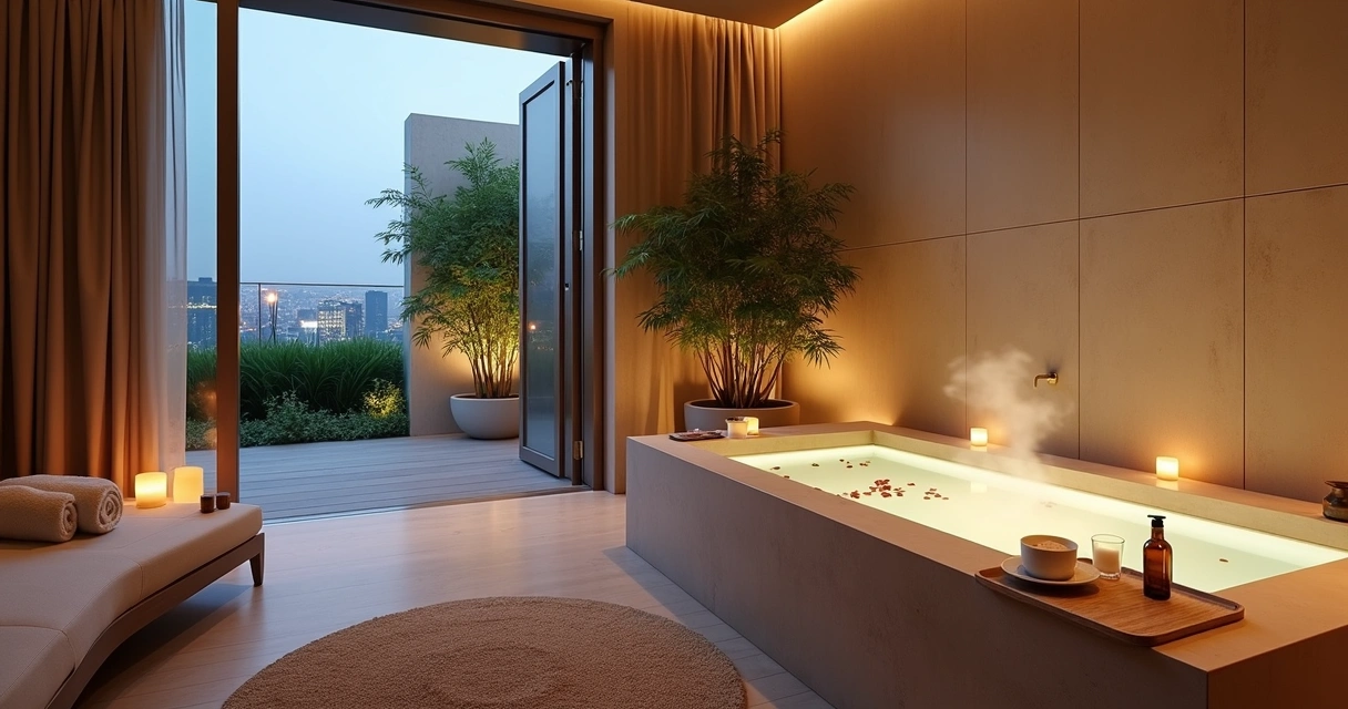 Suíte spa com banheira de imersão e vista para jardim interno em cidade