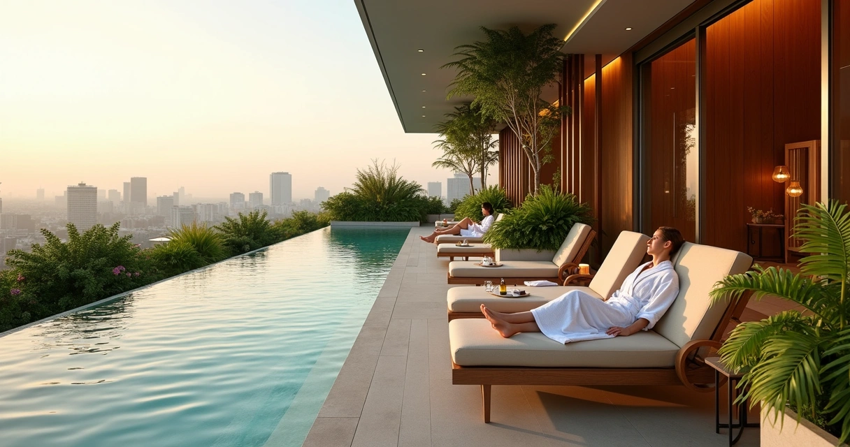 Terraço de day spa com piscina, jardim e pessoas relaxando em São Paulo