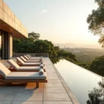 Terraço de spa de luxo no Morumbi com espreguiçadeiras e vista para copas de árvores centenárias