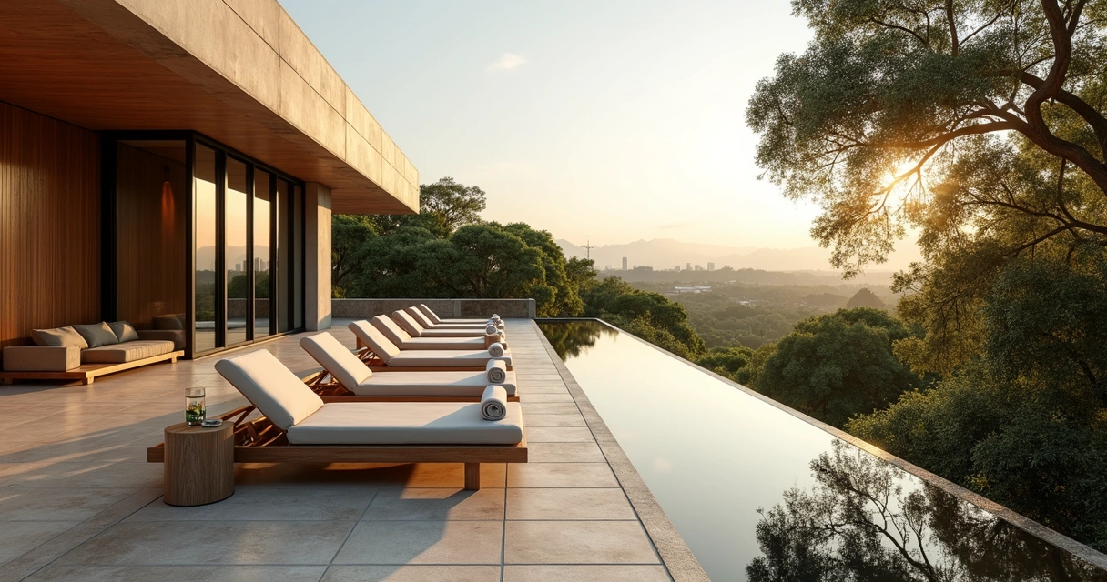 Terraço de spa de luxo no Morumbi com espreguiçadeiras e vista para copas de árvores centenárias