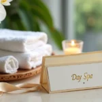 Vale-presente elegante de day spa apoiado em toalhas e flores em ambiente sofisticado