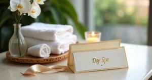Vale-presente elegante de day spa apoiado em toalhas e flores em ambiente sofisticado