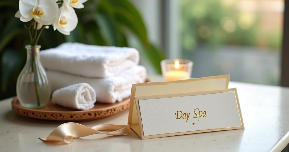 Vale-presente elegante de day spa apoiado em toalhas e flores em ambiente sofisticado
