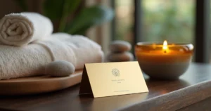 Vale-presente de spa apoiado em mesa elegante com elementos de relaxamento
