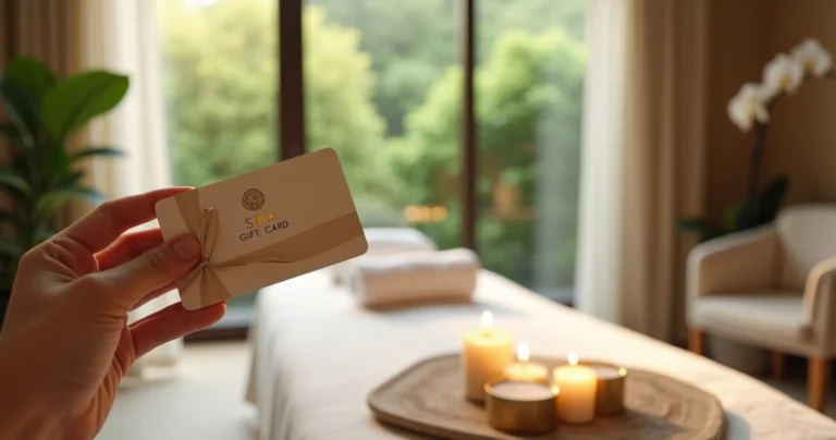 Mão oferendo vale-presente de spa sobre cama de massagem com cenário sofisticado