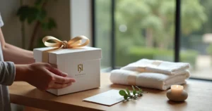 Mãos oferecendo caixa de presente elegante de experiência de spa sobre mesa sofisticada