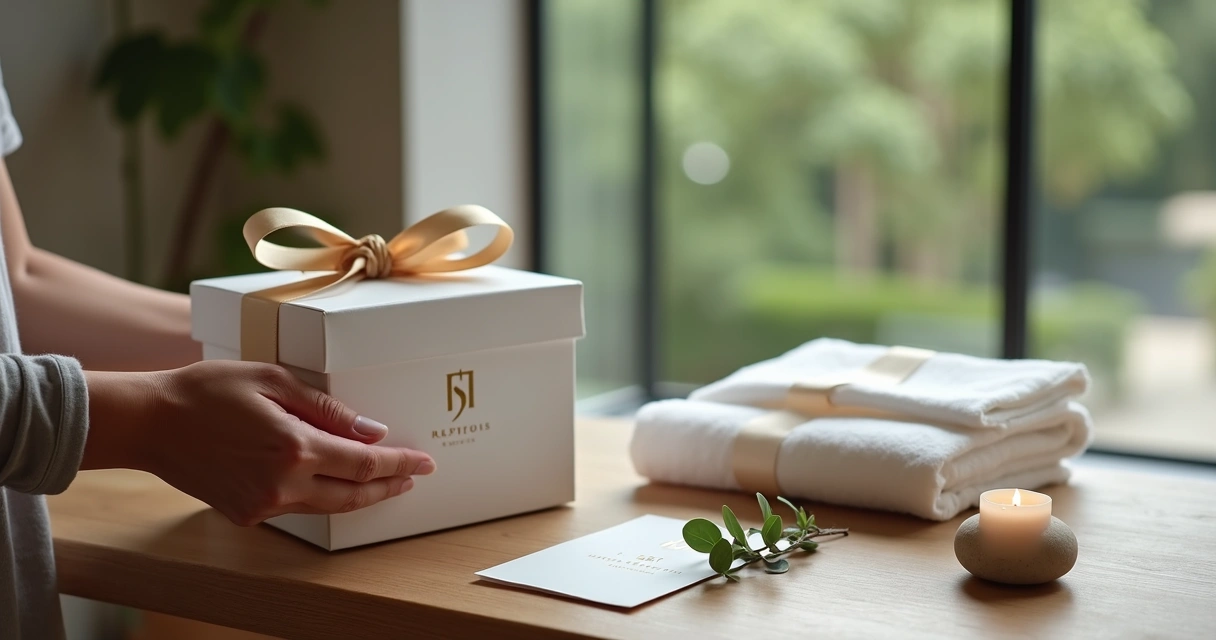 Mãos oferecendo caixa de presente elegante de experiência de spa sobre mesa sofisticada