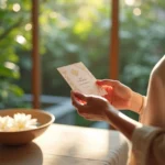 Mãos segurando voucher de presente de spa com fundo de jardim interno sofisticado