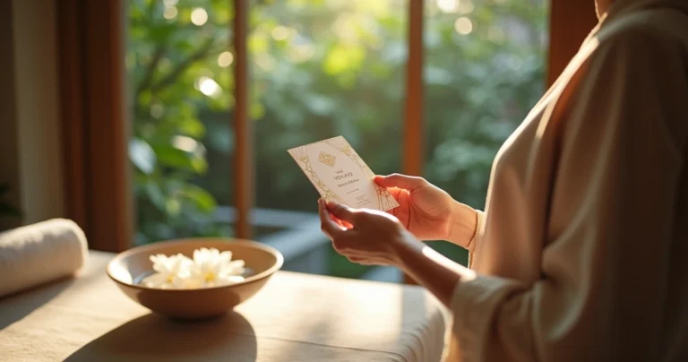 Mãos segurando voucher de presente de spa com fundo de jardim interno sofisticado