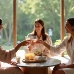 Grupo de mulheres brindando em sala elegante de spa com bandeja de presentes de bem-estar