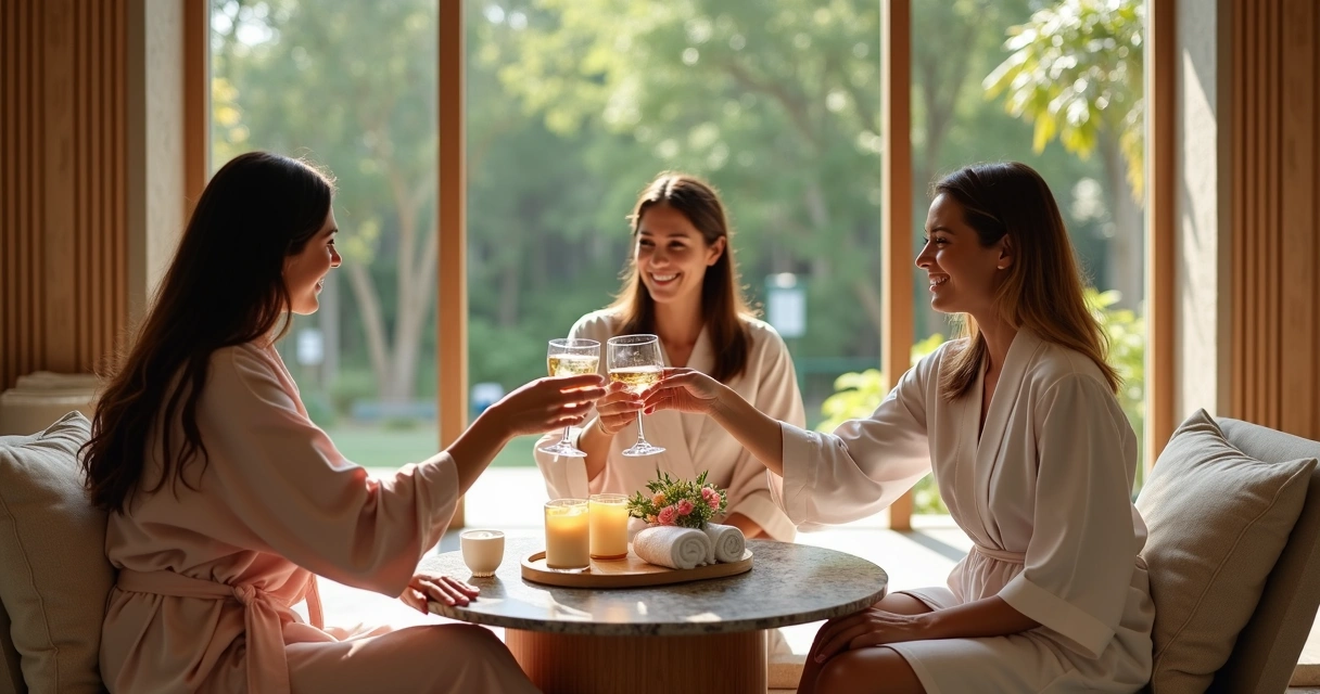Grupo de mulheres brindando em sala elegante de spa com bandeja de presentes de bem-estar
