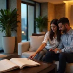 Casal analisando cardápio de experiências de spa em ambiente de luxo