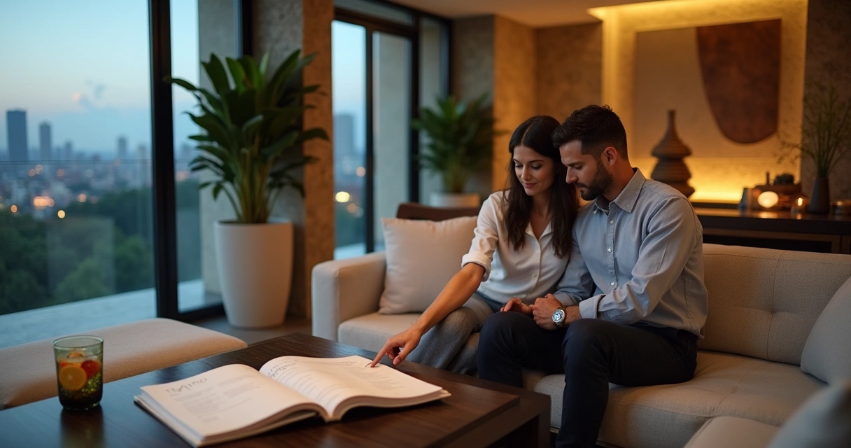 Casal analisando cardápio de experiências de spa em ambiente de luxo