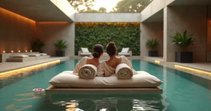 Casal relaxando em ilha de pedra em piscina de spa de luxo