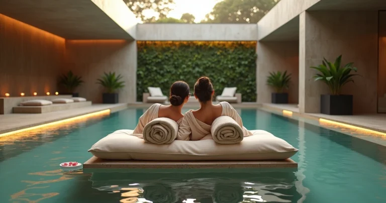 Casal relaxando em ilha de pedra em piscina de spa de luxo