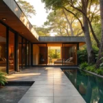 Entrada de spa de luxo no Morumbi integrada a jardim com árvores e arquitetura moderna