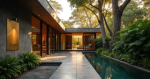 Entrada de spa de luxo no Morumbi integrada a jardim com árvores e arquitetura moderna