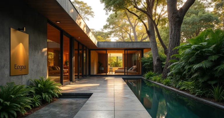 Entrada de spa de luxo no Morumbi integrada a jardim com árvores e arquitetura moderna