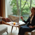 Secretária executiva recebendo voucher de spa em lounge sofisticado