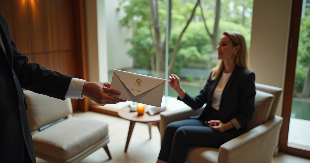 Secretária executiva recebendo voucher de spa em lounge sofisticado