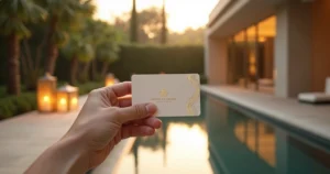 Mão oferecendo gift card do spa em varanda sofisticada com vista para jardim urbano