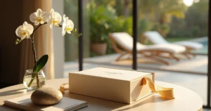 Caixa de presente luxuosa de gift card de spa aberta sobre mesa elegante com elementos naturais