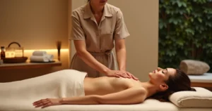 Terapeuta aplicando massagem relaxante em iniciante deitado em maca em spa de luxo