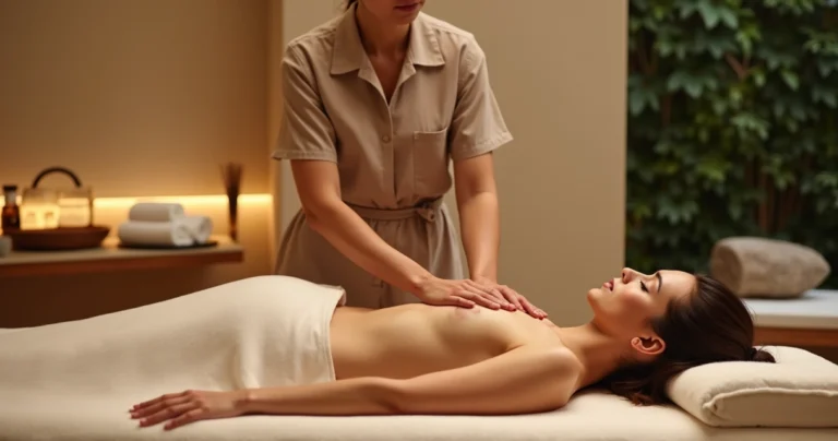 Terapeuta aplicando massagem relaxante em iniciante deitado em maca em spa de luxo