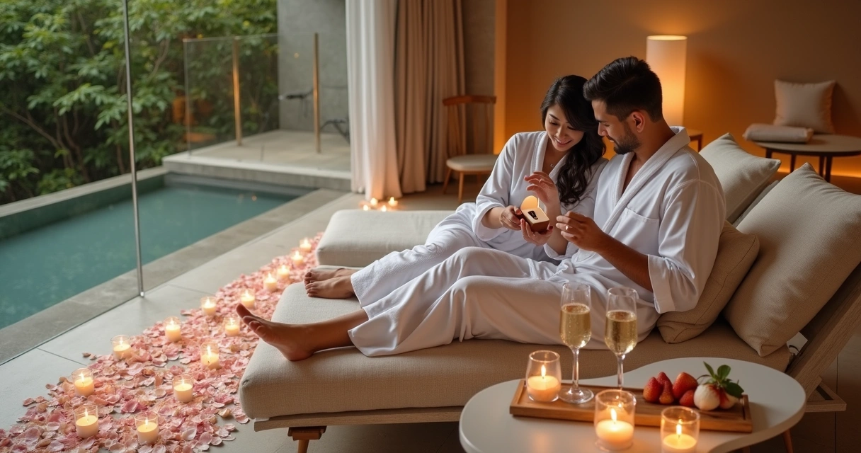 Casal em pedido de casamento em spa de luxo com pétalas e velas