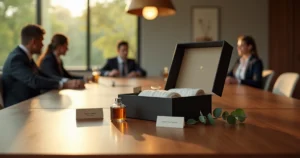 Mesa de reunião elegante com kits de experiência de spa como presentes corporativos