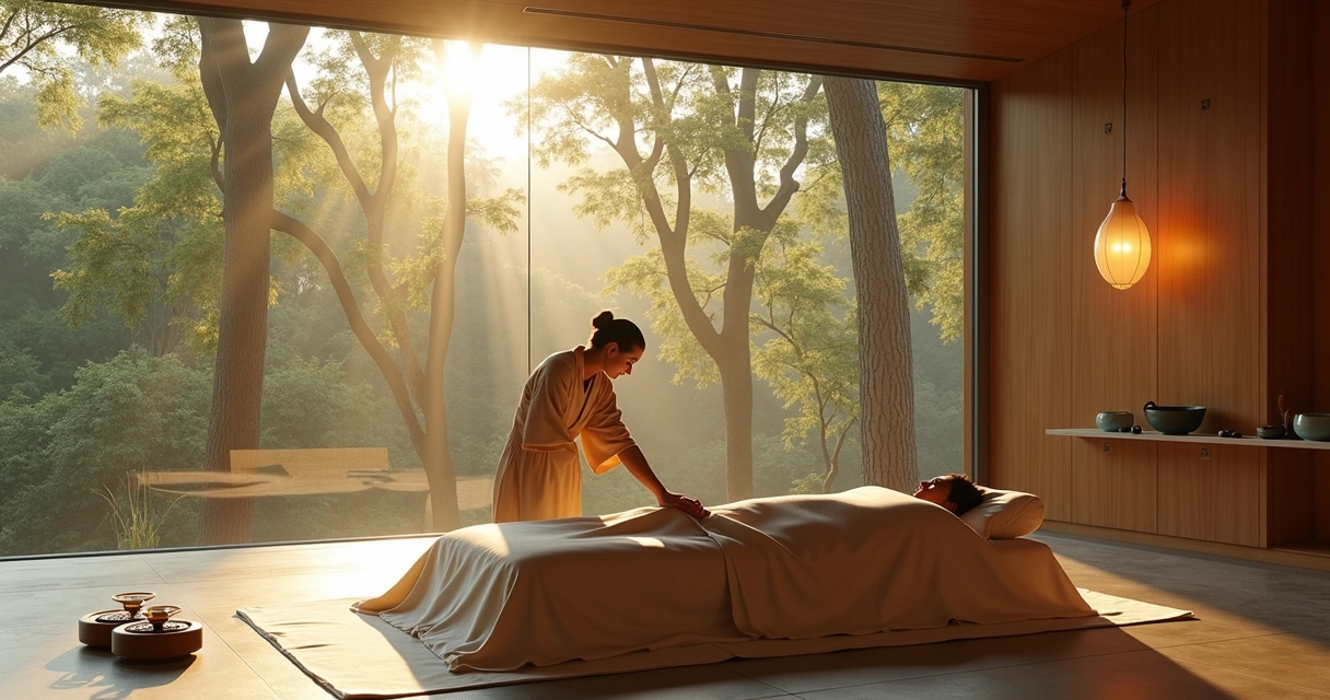 Terapeuta aplica massagem em cliente deitada em tatame com vista para árvores centenárias