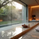 Detalhe de sala de ritual hammam em spa de luxo em São Paulo com arquitetura moderna e vista para jardim verde