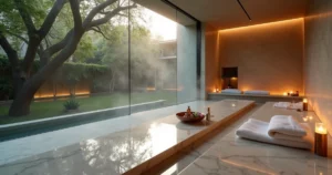 Detalhe de sala de ritual hammam em spa de luxo em São Paulo com arquitetura moderna e vista para jardim verde
