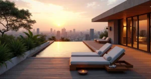 Rooftop de spa de luxo em São Paulo com vista para a cidade e área de descanso elegante