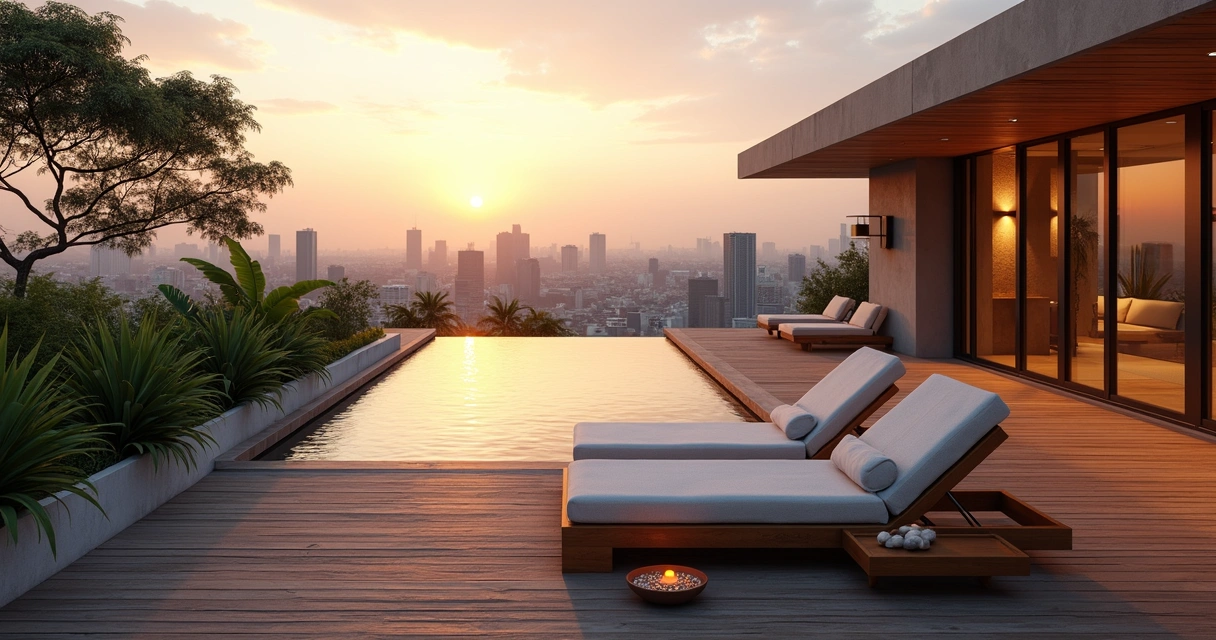 Rooftop de spa de luxo em São Paulo com vista para a cidade e área de descanso elegante