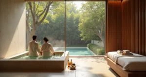 Casal relaxando em suíte de spa de luxo com banheira e vista para jardim verde