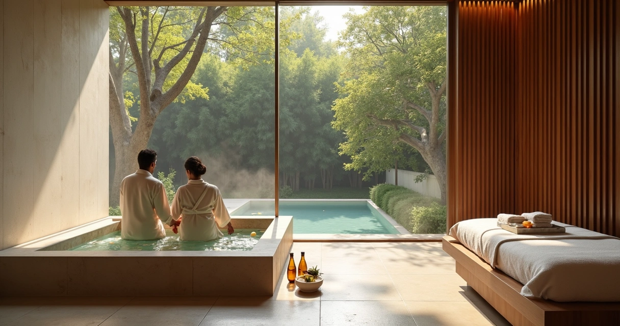Casal relaxando em suíte de spa de luxo com banheira e vista para jardim verde