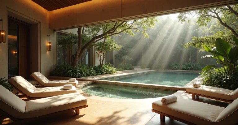 Sala de descanso de spa urbano luxo integrada a jardim interno verde