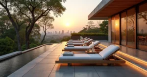Terraço de spa de luxo com vista para cidade e árvores