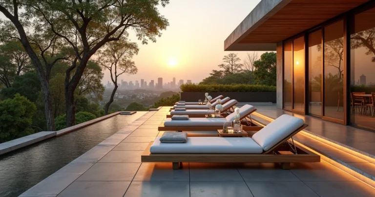 Terraço de spa de luxo com vista para cidade e árvores