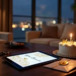 Vale-presente digital de spa aberto em tablet ao lado de mesa com bolo de aniversário sofisticado